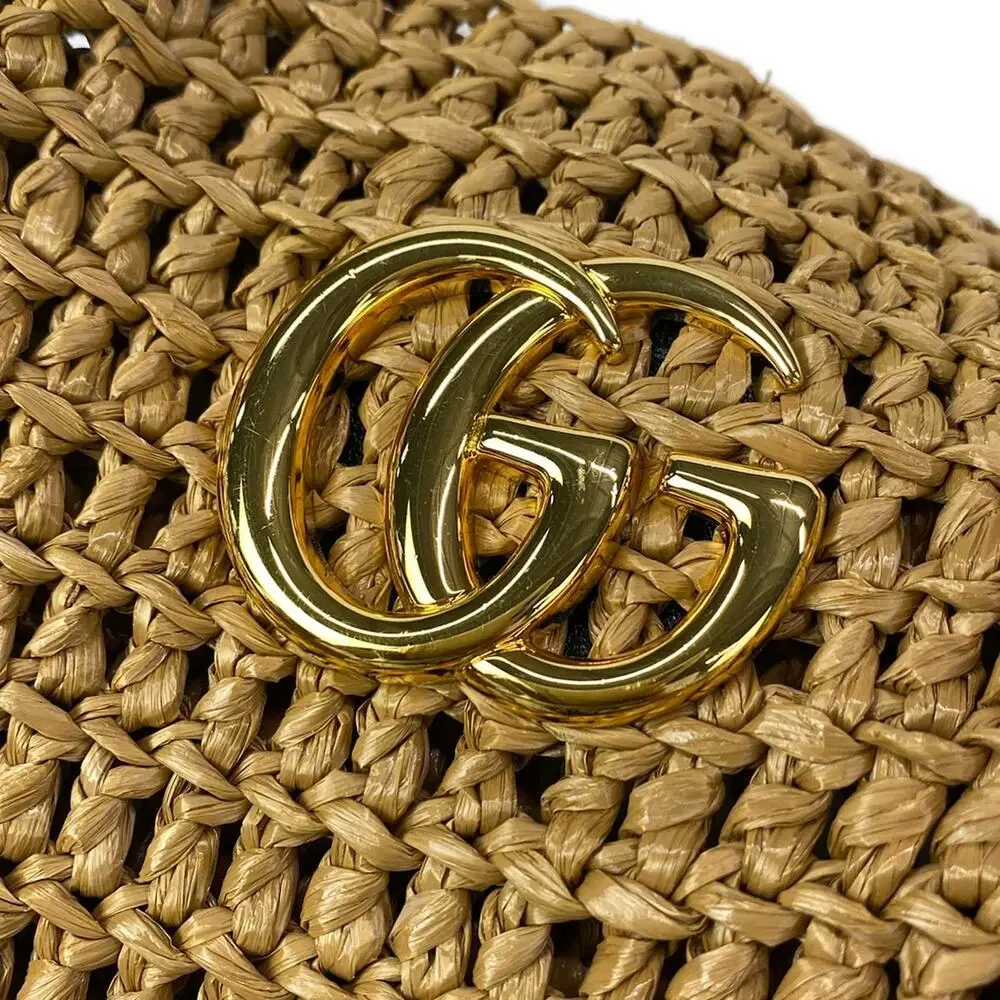 Gucci GG Marmont Tote Bag 574432 Light Brown Black Raffia Leather